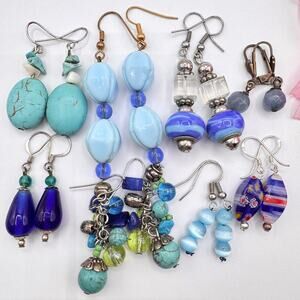 Vintage To Now Gemstone & Glass Bead Earring Lot Shades Of Blue 8 Pair Eclectic